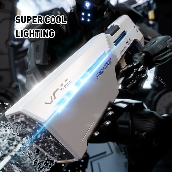 Un pistolet à eau électrique blanc à remplissage automatique avec lumières LED bleues en gros plan sur fond sombre futuriste