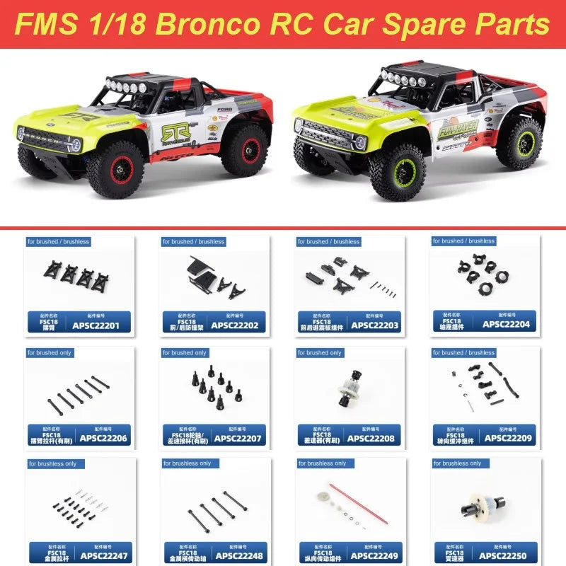 A set of spare parts for an FMS 1/18 Bronco RC car, including various components like chassis and body pieces.
