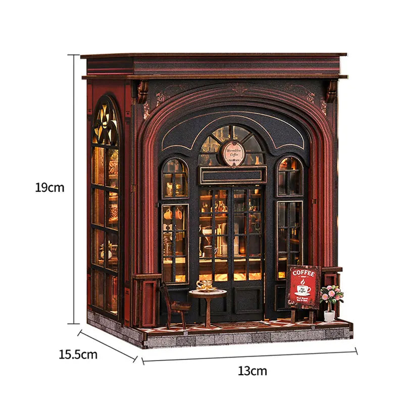 A miniature Japanese izakaya dollhouse kit featuring dark wood framing and glass display cabinets with internal lighting.