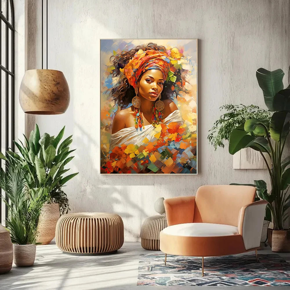 A vibrant painting of an African woman wearing a red wine headwrap and gold jewelry, displayed in a modern interior.