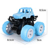 A blue and black four-wheel drive stunt car with pull-back action, shown from the side.