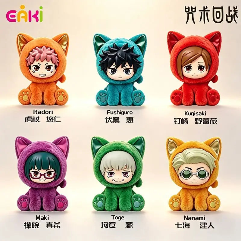 A collection of six plush cat pendants featuring characters from Jujutsu Kaisen including Itadori, Fushiguro, Kugisaki, Maki,
