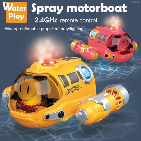 A yellow remote control electric spray motorboat with a propeller and lights is shown above water.