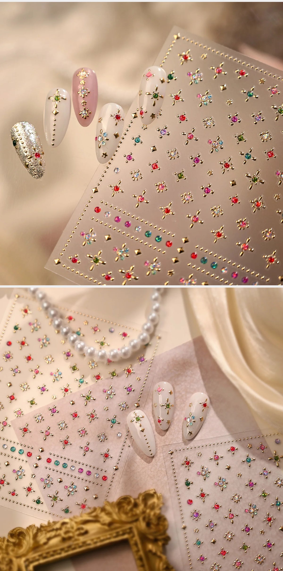 Close-up of sparkling 5D diamond nail art stickers on a translucent sheet with gold accents.