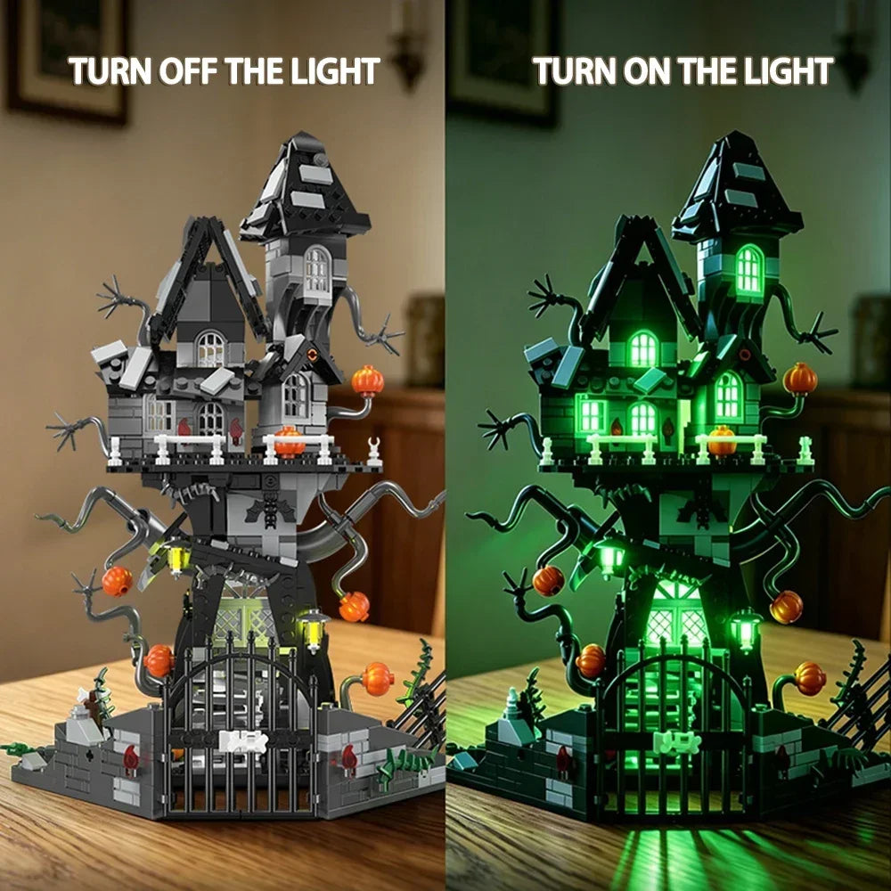 A gothic skeleton hand and rose cross building set shown in two states: turned off (dark) and turned on (green light).