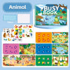 A set of busy book activities for toddlers featuring animal themes and sticker pages.