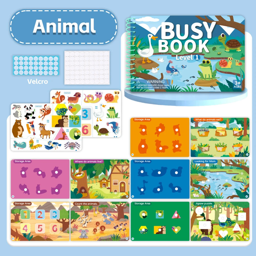A set of busy book activities for toddlers featuring animal themes and sticker pages.