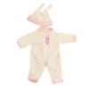 A pink and white cotton doll outfit for a 12-inch doll featuring a bonnet and full body suit.