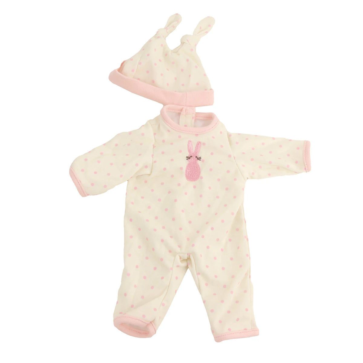 A pink and white cotton doll outfit for a 12-inch doll featuring a bonnet and full body suit.