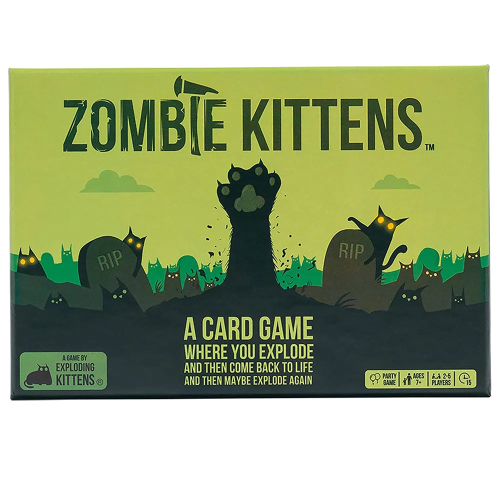 Box art for the Zombie Kittens card game featuring dark silhouettes and a large paw print.