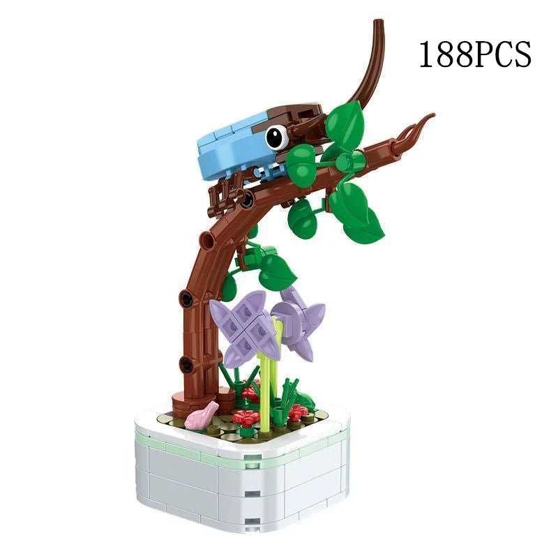 A set of 188 plastic building blocks depicting a brown animal and green foliage arranged in a bouquet.