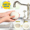 Hands are cleaning a dumpling squishy stress ball with a mini steamer before and after shots.