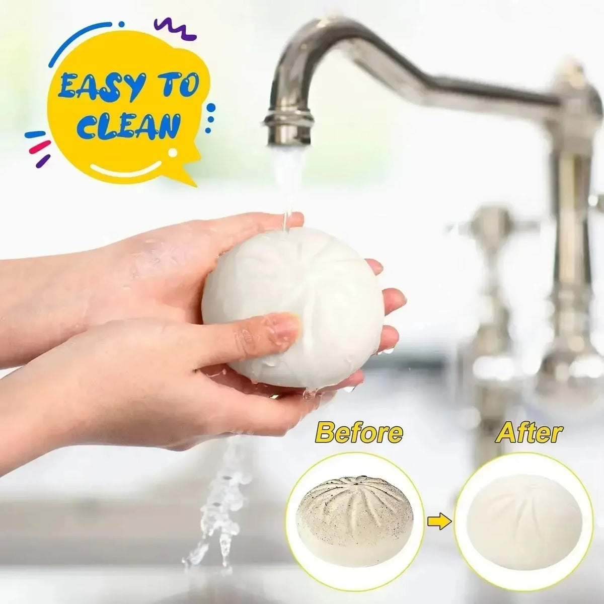 Hands are cleaning a dumpling squishy stress ball with a mini steamer before and after shots.