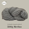 A ball of grey Merino wool yarn labeled LIRISNLY