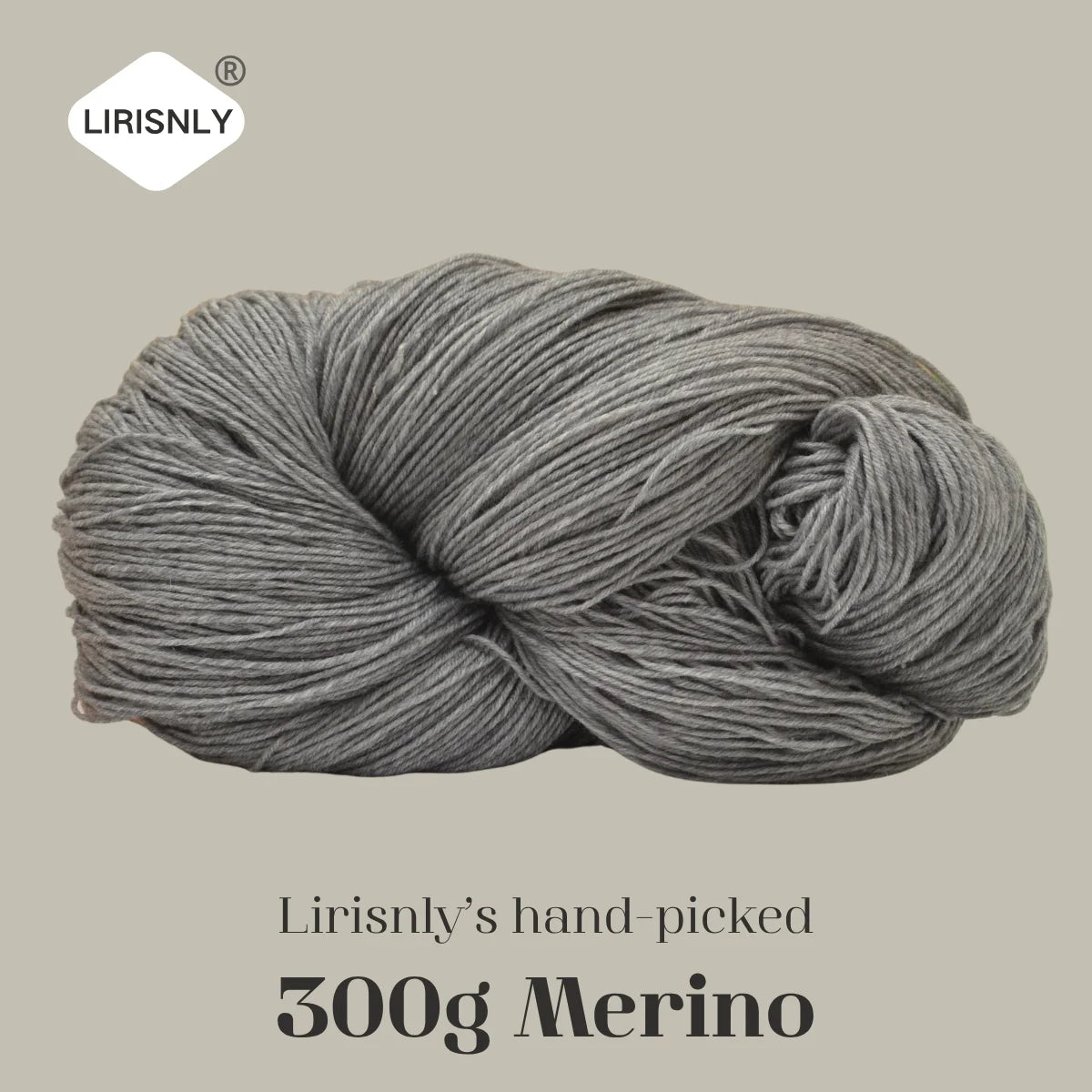 A ball of grey Merino wool yarn labeled LIRISNLY