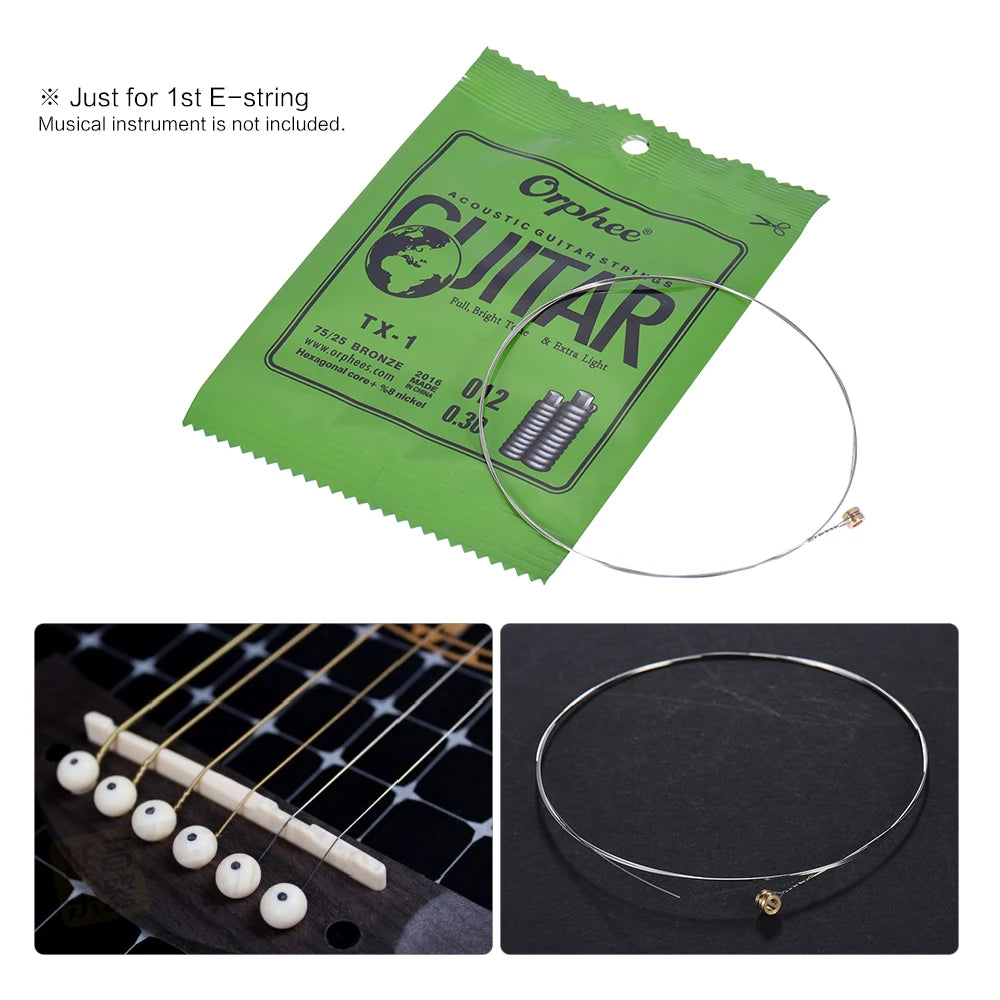 A packet of Orphee guitar strings for an electric guitar, showing the string and a close-up of the strings on a fretboard.