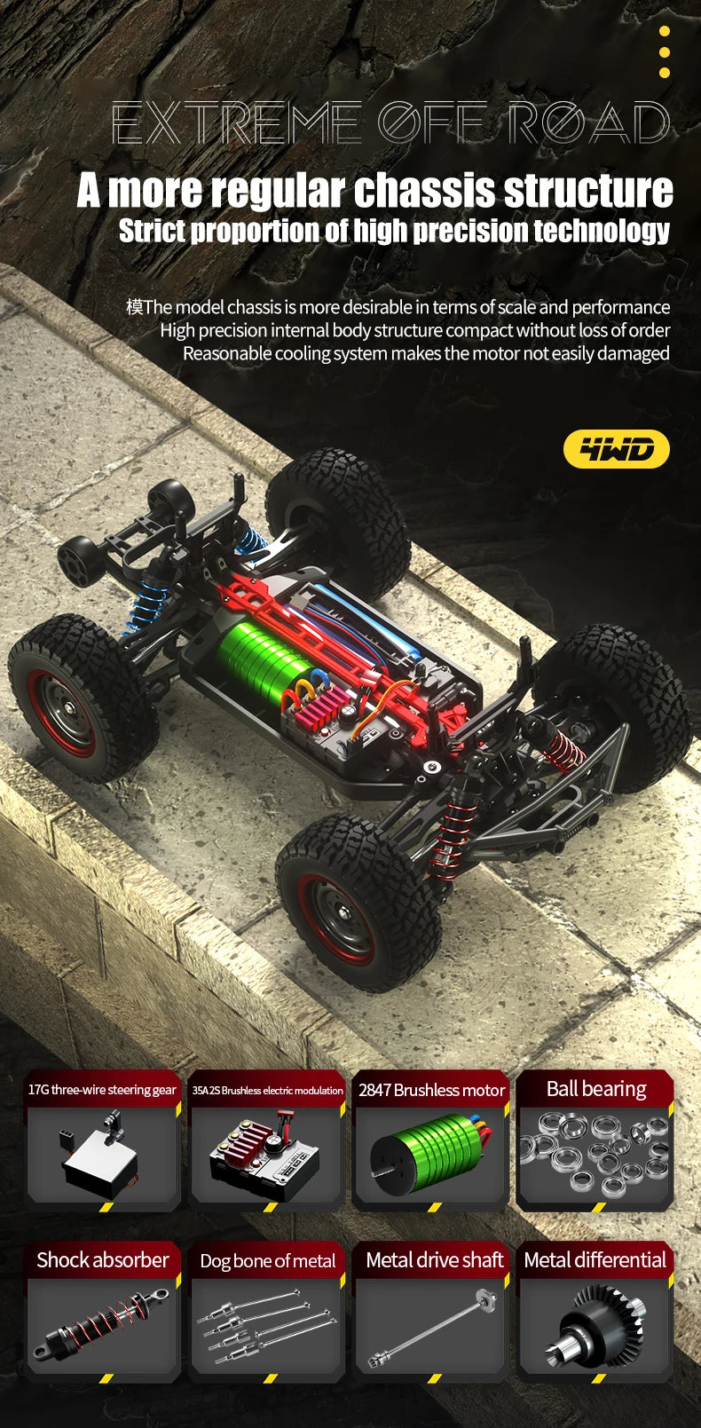 A high-speed 4WD brushless RC monster truck model with black and red components on a stone surface.