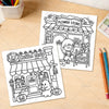 A black and white line drawing of a spooky Halloween themed coffee shop storefront for a coloring book.