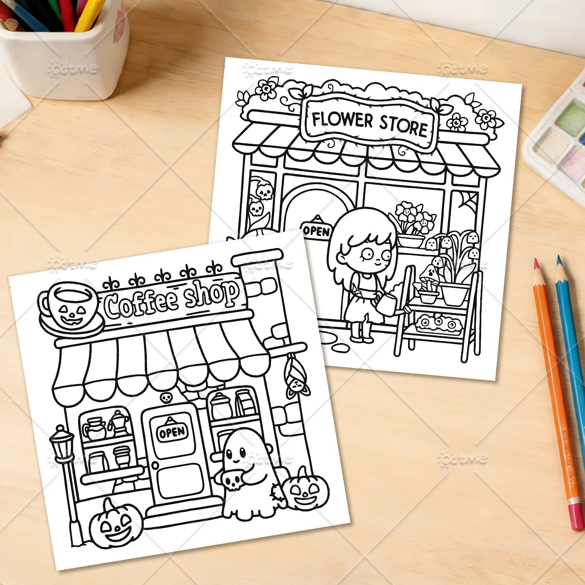 A black and white line drawing of a spooky Halloween themed coffee shop storefront for a coloring book.