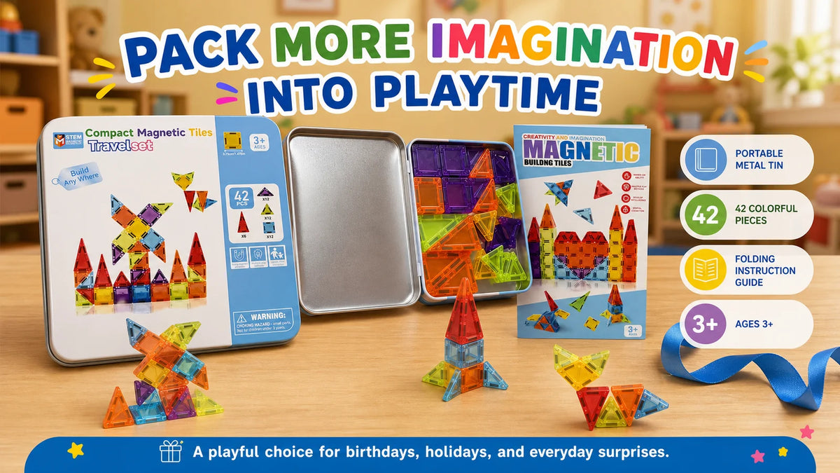 A set of colorful magnetic building tiles and a metal tin box for playtime