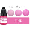 Pink liquid candle dye in dropper bottles showing 1, 2, and 3 drops of pink colorant.
