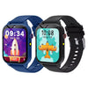 A blue and black kids smart watch with a screen displaying time and date, shown next to its black strap.