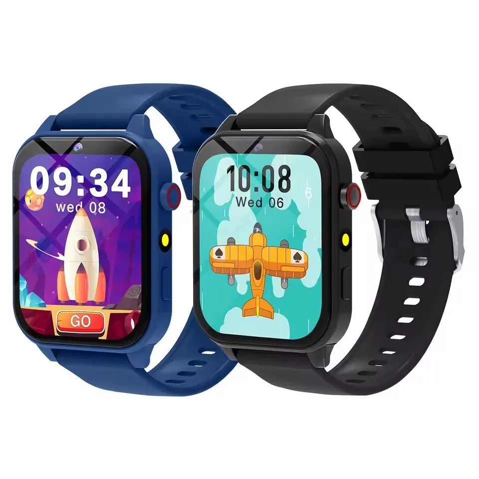 A blue and black kids smart watch with a screen displaying time and date, shown next to its black strap.
