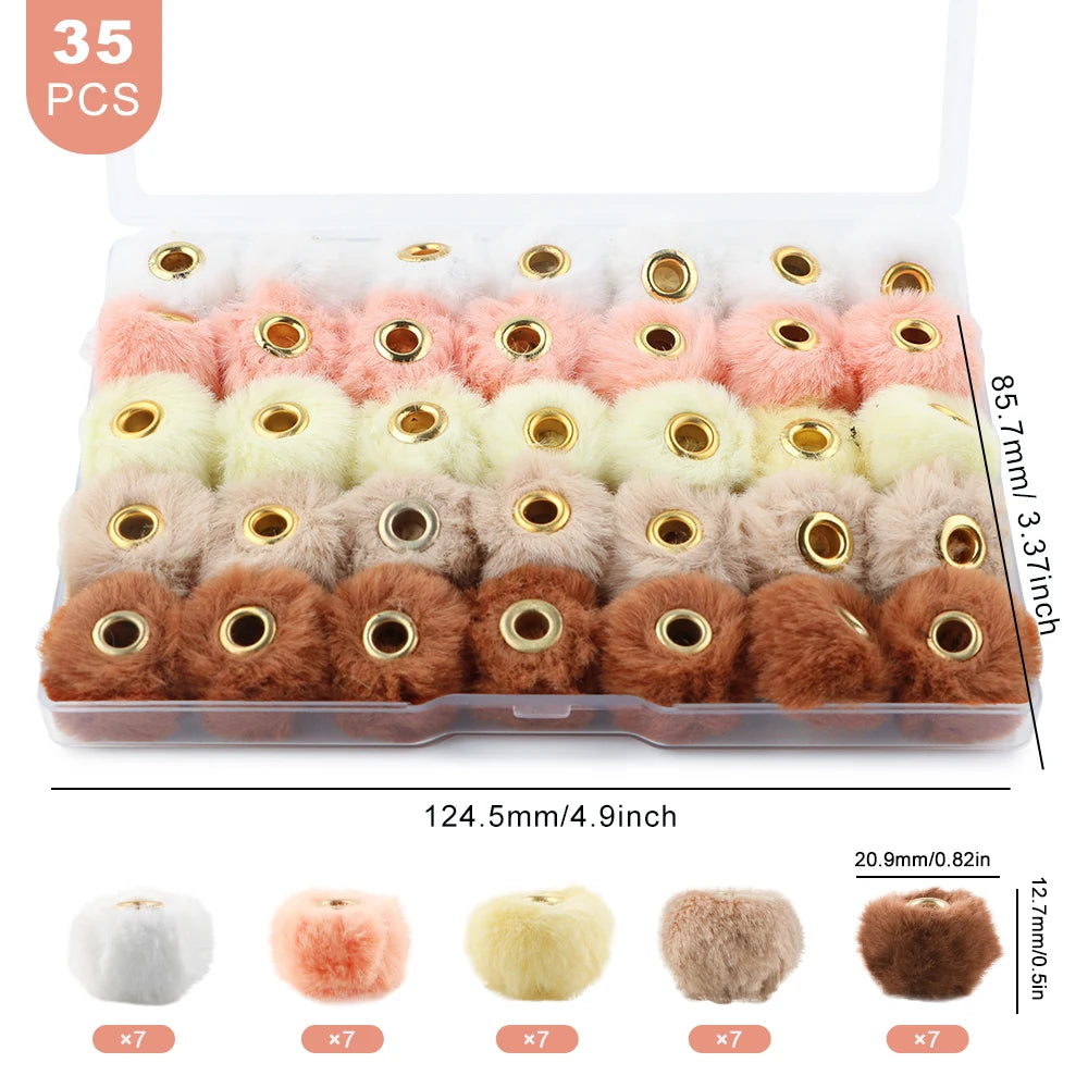 A pack of 35 plush fur pom pom beads in various colors and shades for jewelry making