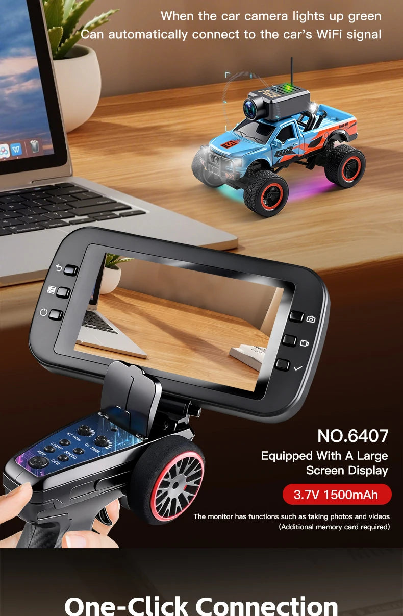 A blue RC monster truck with an FPV camera and a large screen display is shown next to a handheld monitor.