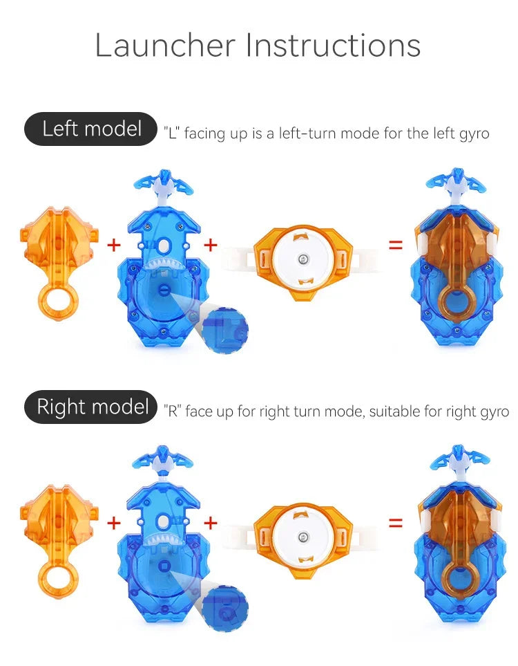 Instructions showing how to assemble a left model and a right model of a burst-style spinning top launcher