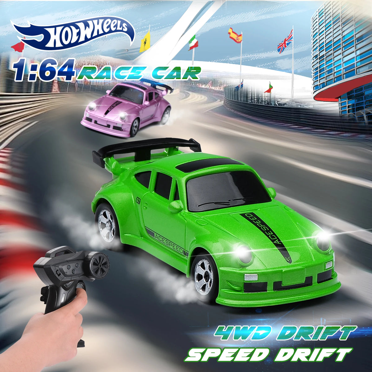 A green 1:64 scale remote control drift car is shown in motion on a racetrack, with a hand holding the controller.