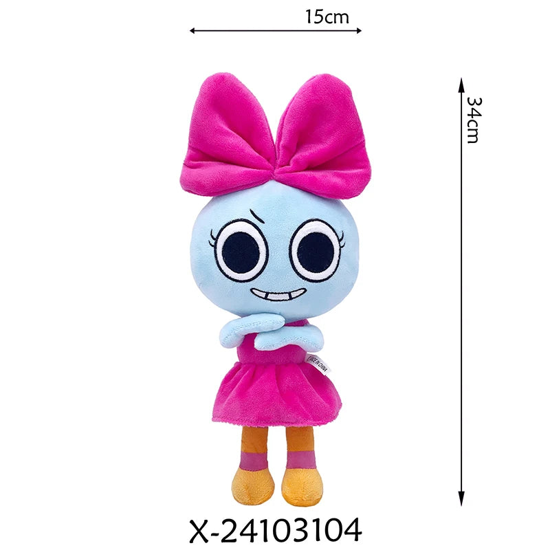 A light blue animated stuffed pet with pink bow and orange feet.