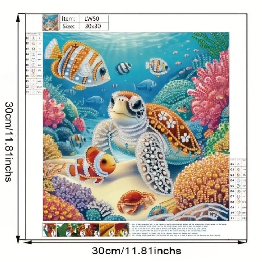 A diamond painting kit featuring a sea turtle and various colorful marine life, including fish and coral, set against an unde