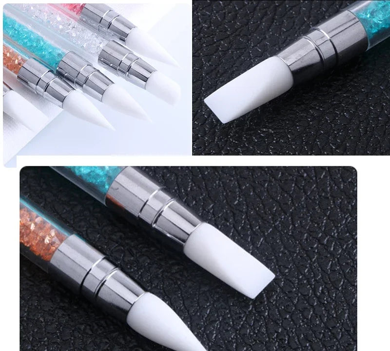 A dual-ended silicone head nail art dotting pen with a silver and crystal handle shown in various angles.