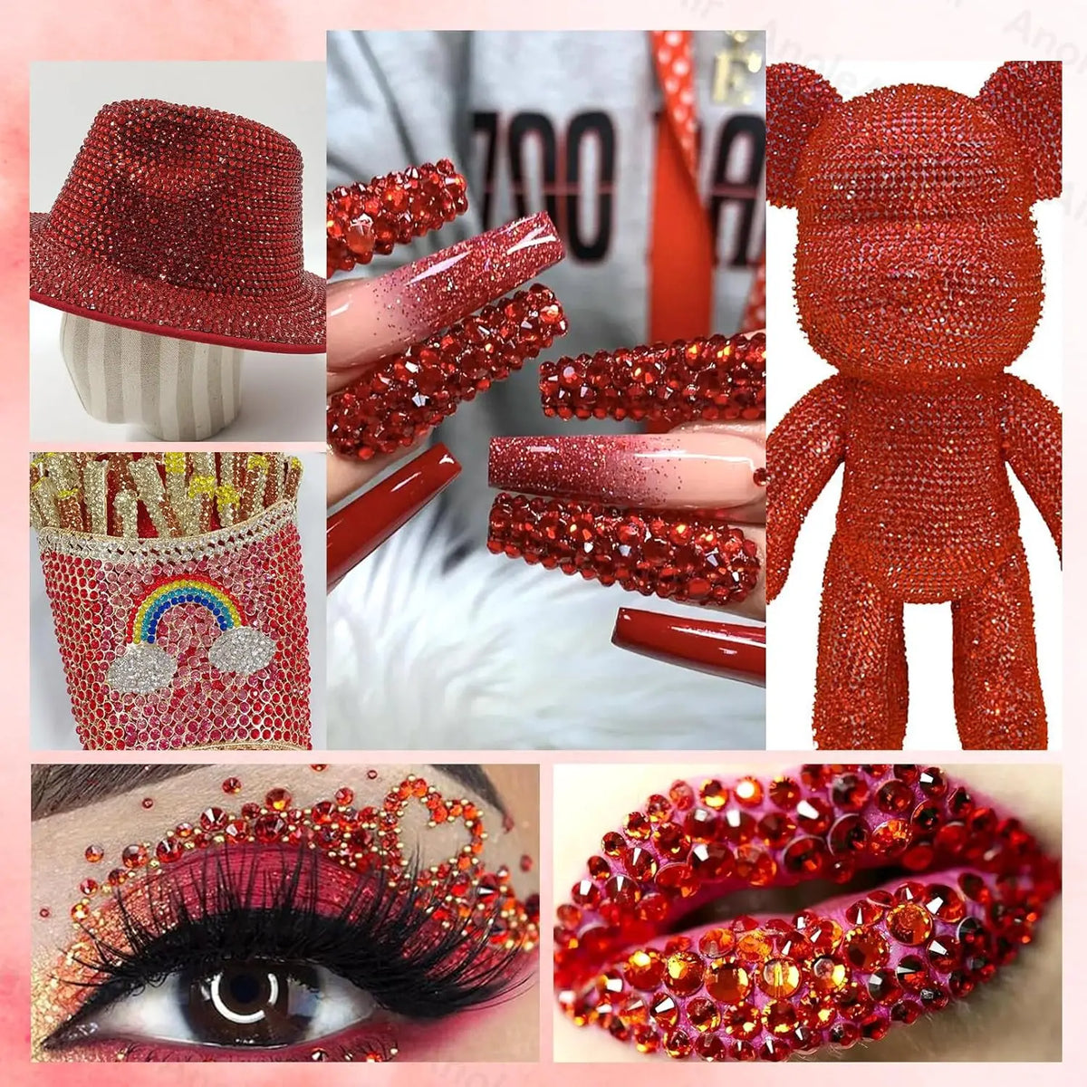 A collection of flatback resin rhinestones in various shades of red and pink used for DIY crafts.