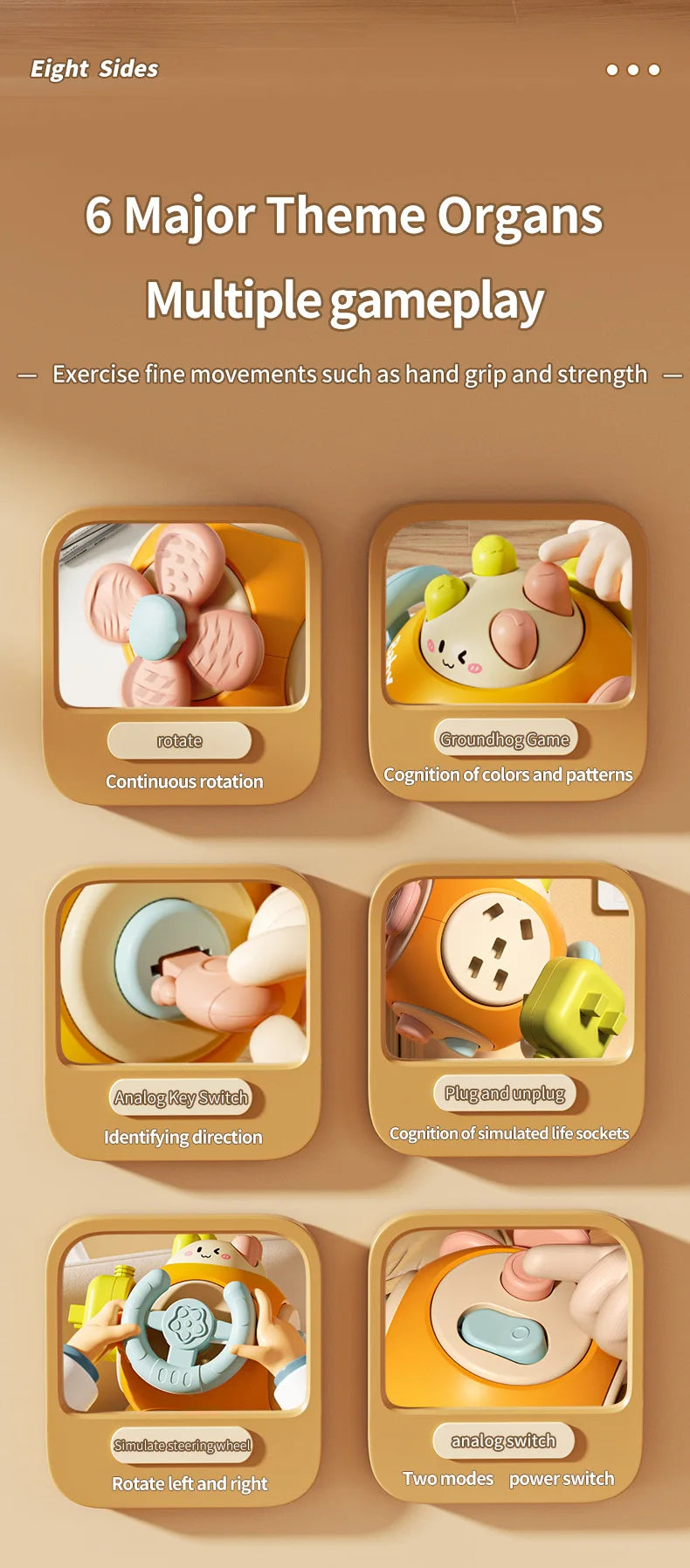 A set of six theme organs or manipulative toys for gameplay, including a groundhog game, plug and unplug activities, and vari