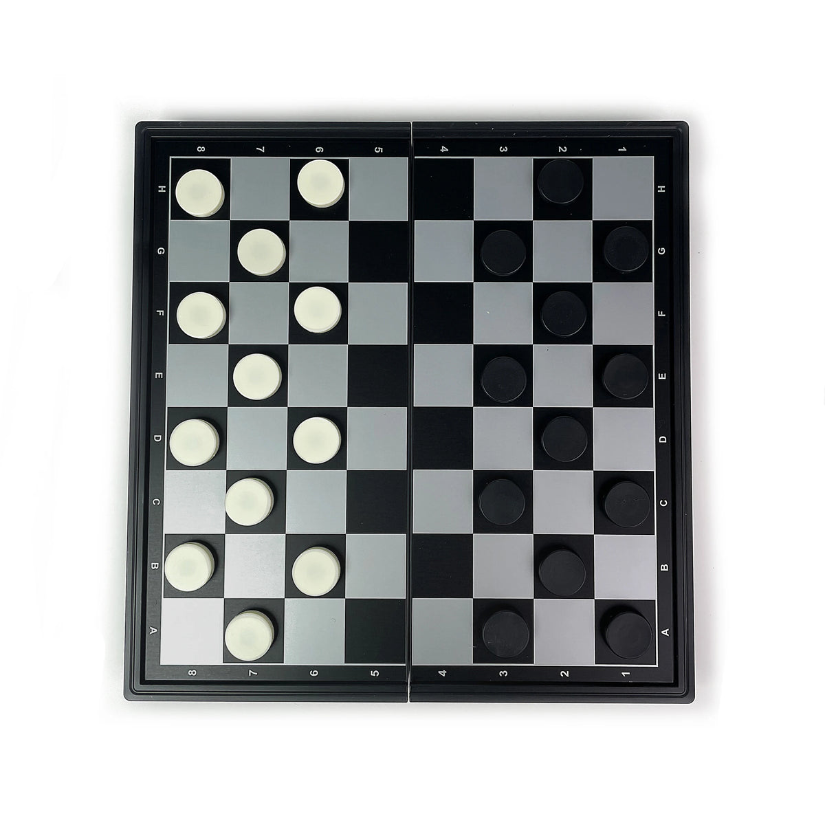 A foldable magnetic checkers board game set with black and white pieces displayed on a dark surface.