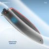 A silver and red SpeedBoat RC boat is shown in a diagonal view with an induction contact feature.