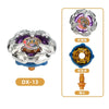 Beyblade Burst Gyro X Starter Pack featuring a silver and purple Beyblade with an orange tip.