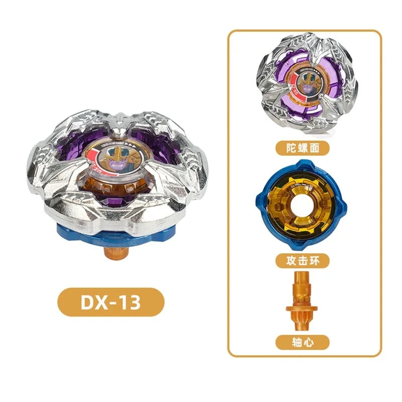 Beyblade Burst Gyro X Starter Pack featuring a silver and purple Beyblade with an orange tip.