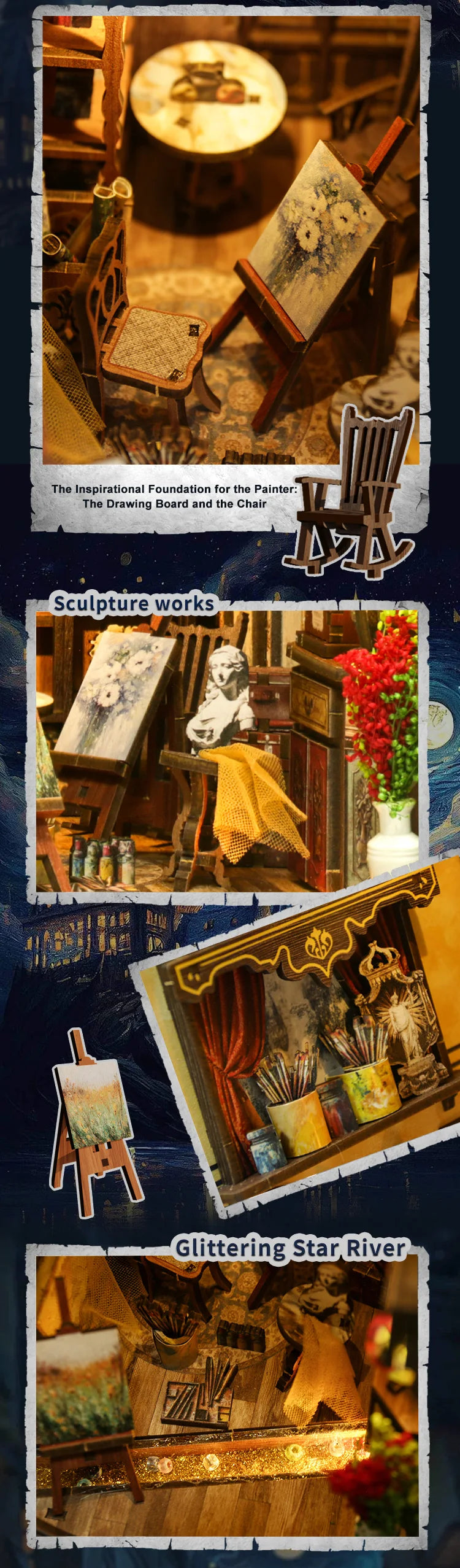 A collection of handcrafted art pieces and decorative items including sculpture works and a glittering star river display.