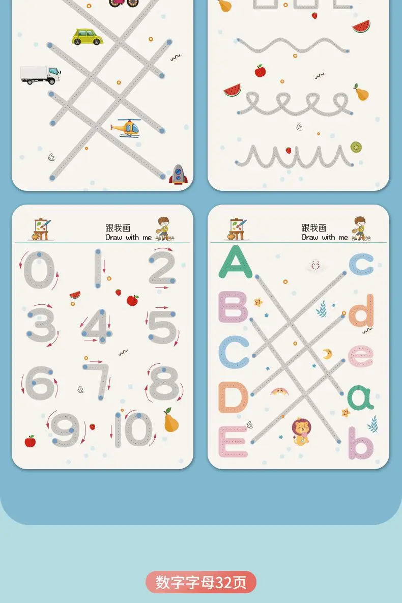 A set of reusable tracing workbooks for kids featuring number and letter practice with dotted lines and illustrations.