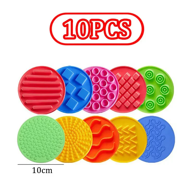 A set of ten colorful plastic balance stepping stones for kids' sensory and motor skills development.