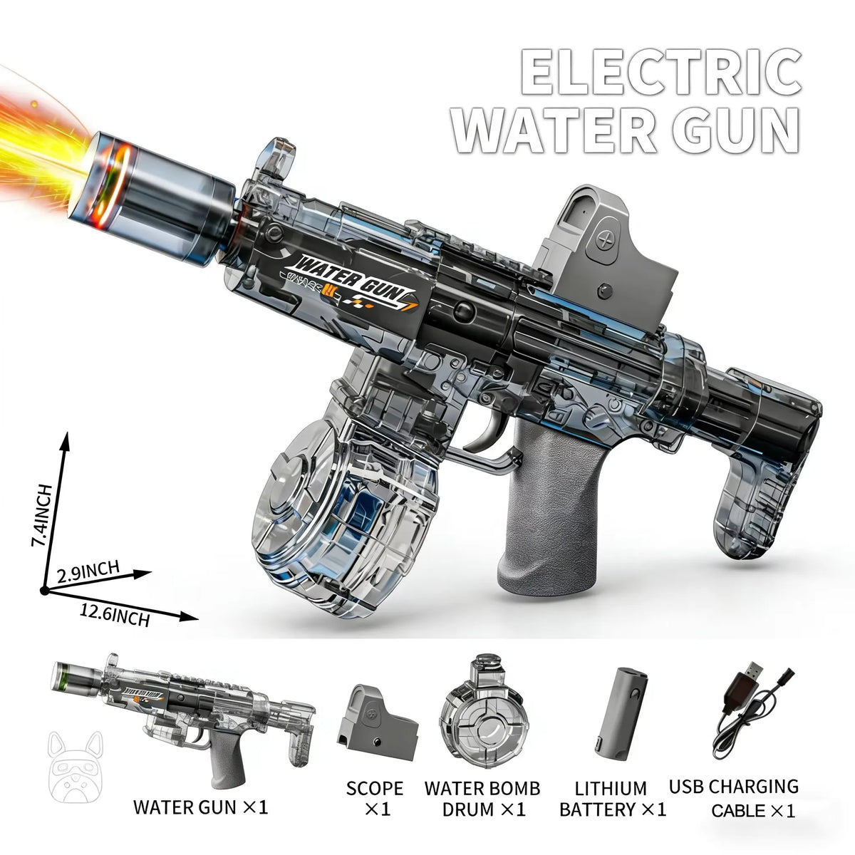A black electric water gun is shown next to various accessories including a scope, water bomb, and lithium battery.