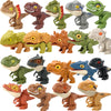 A collection of finger dinosaur fidget toys featuring various Jurassic-themed dinosaurs in different colors and poses.