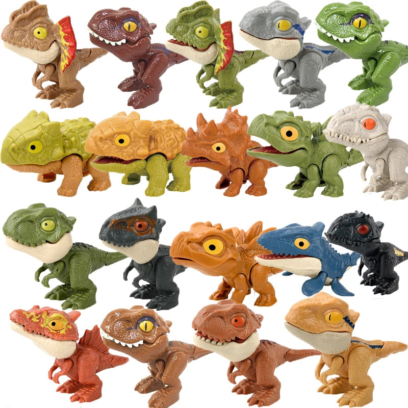 A collection of finger dinosaur fidget toys featuring various Jurassic-themed dinosaurs in different colors and poses.