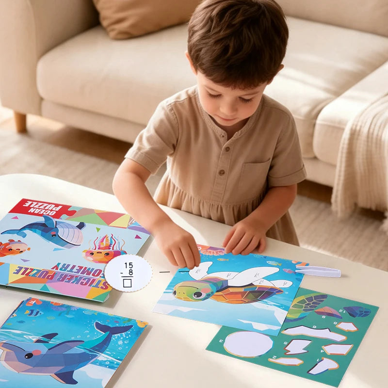 A child is assembling a sticker art puzzle kit featuring dinosaur and animal designs on a white table.