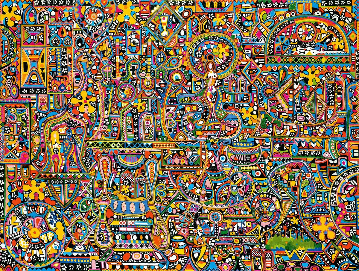 A vibrant, intricate abstract aesthetic jigsaw puzzle featuring colorful patterns and designs.