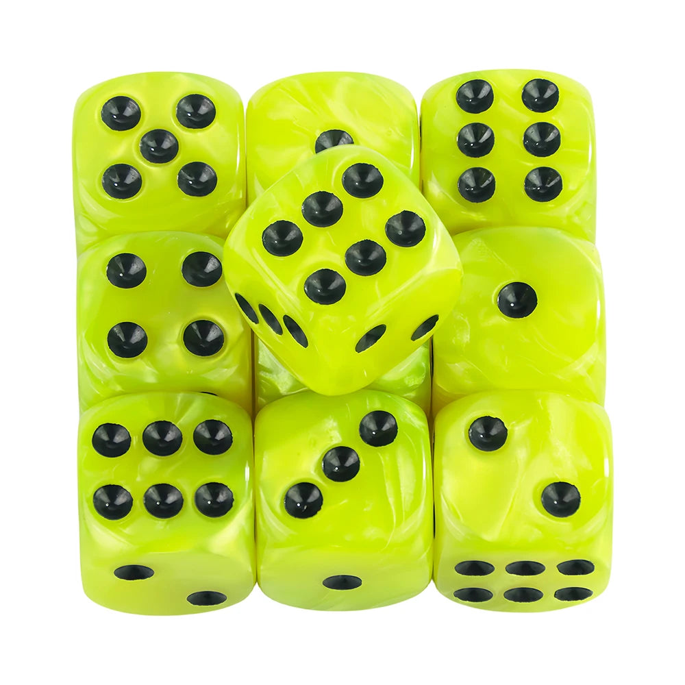 A set of ten translucent neon yellow marble effect acrylic six-sided dice.