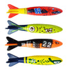 A set of four colorful diving torpedo pool toys featuring various fish designs and numbers.